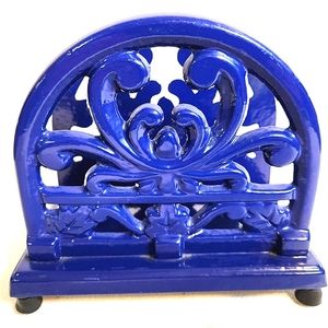 Vintage Royal Blue Enamel Heavy Cast Iron Fleur De Lys Napkin Holder